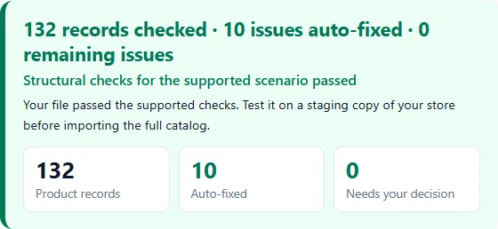 Screenshot of the Check demo result: 132 records checked, 10 issues auto-fixed, 0 remaining issues.