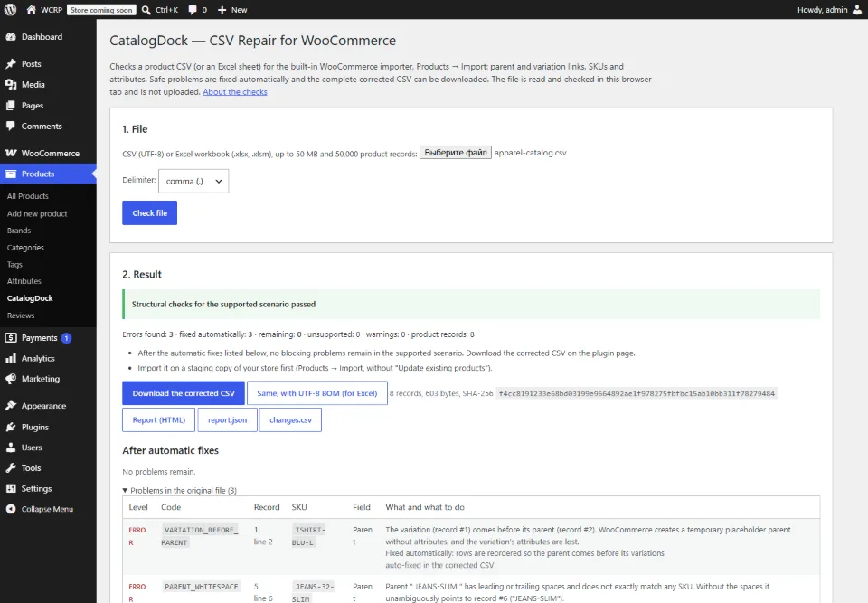 Screenshot 1 of the plugin: File check in WP admin: summary, automatic fixes and the download of the corrected CSV.