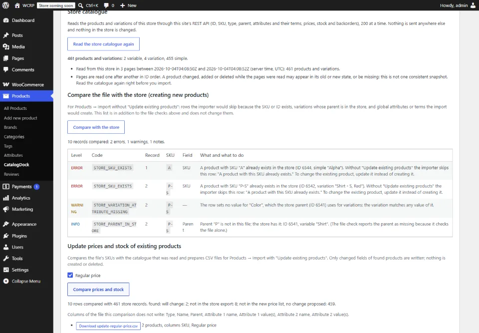 Screenshot 2 of the plugin: Comparison with the store catalog and a CSV with only the changed regular prices.