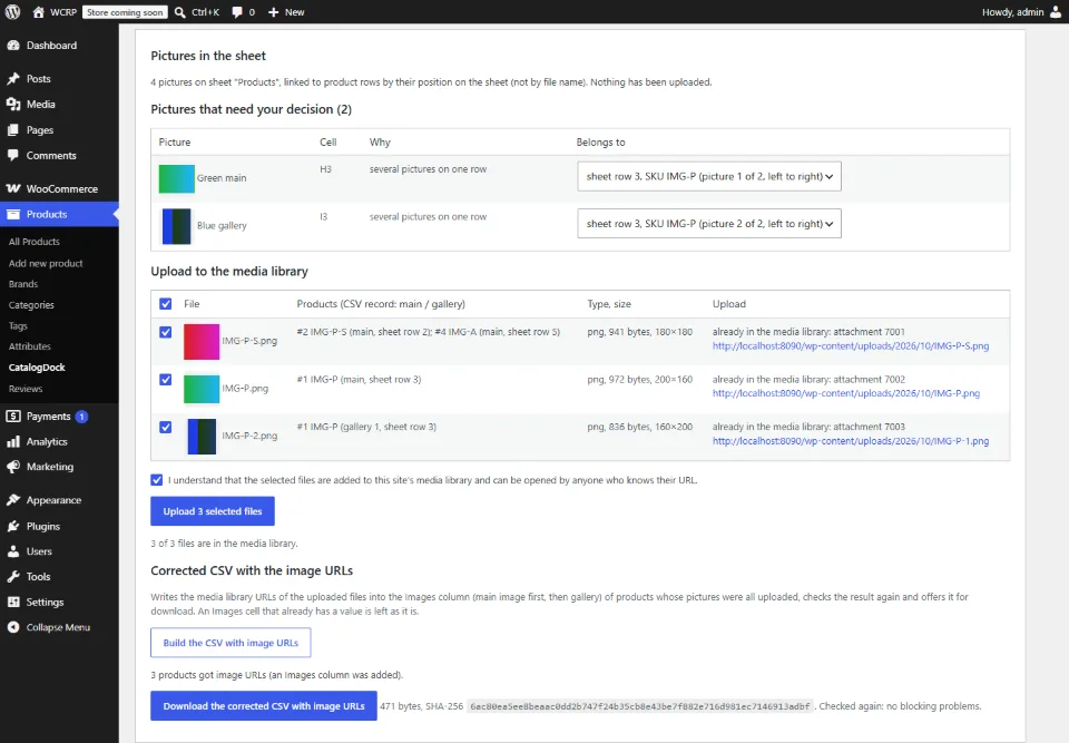 Screenshot 3 of the plugin: Pictures from an Excel sheet linked to SKUs and uploaded to the Media Library.